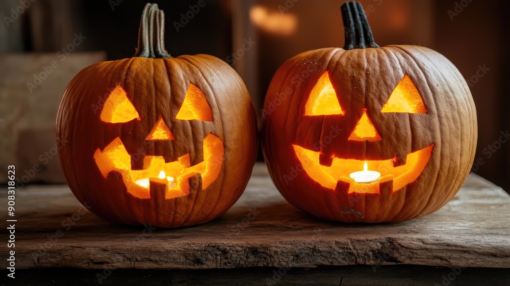 Two glowing jack-o'-lanterns with carved faces on wooden surface Two glowing jack-o'-lanterns with carved faces on wooden surface