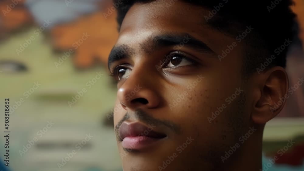 A young man of Hispanic origin stands in front of a colorful mural depicting the history and struggles of his culture. His face reflects a mix of emotions representing the deep A young man of Hispanic origin stands in front of a colorful mural depicting the history and struggles of his culture. His face reflects a mix of emotions representing the deep