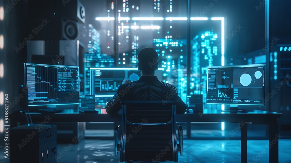 Cybersecurity Analyst Working Late at Night in a Modern Office.