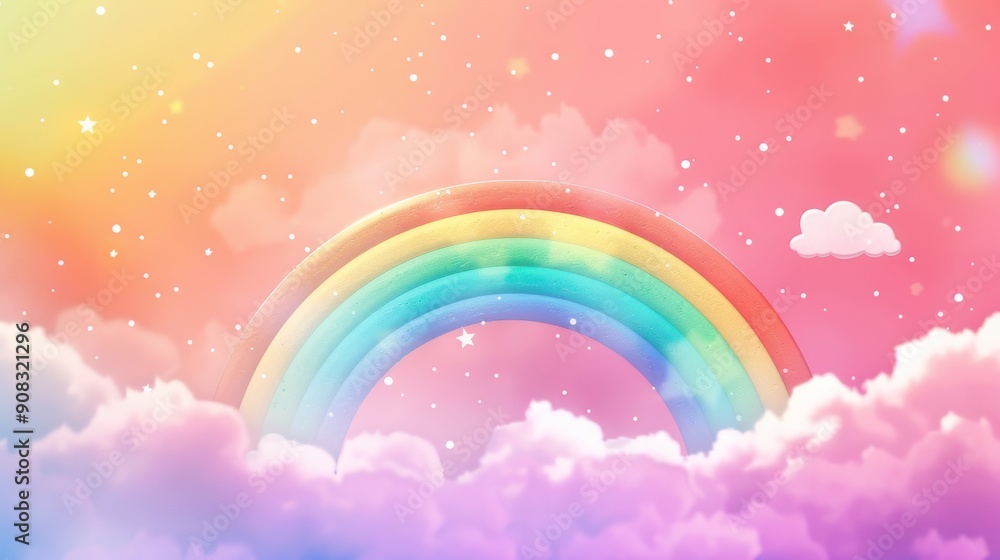 A playful rainbow background that exudes joy and vibrancy, with bold, vivid colors arranged in a perfect arc, set against a soft gradient sky and embellished with whimsical details like floating A playful rainbow background that exudes joy and vibrancy, with bold, vivid colors arranged in a perfect arc, set against a soft gradient sky and embellished with whimsical details like floating