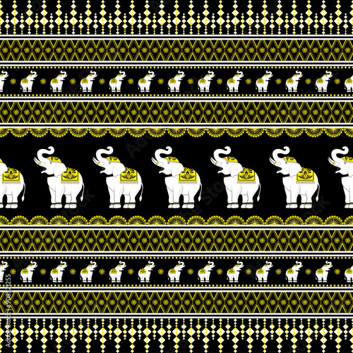 Thai Elephant Pattern, Black and Yellow Theme Colors, Native Thailand Fabric Pattern - Digital images to download and print. Printable wallpaper, backgrounds, card, book cover and  many projects.