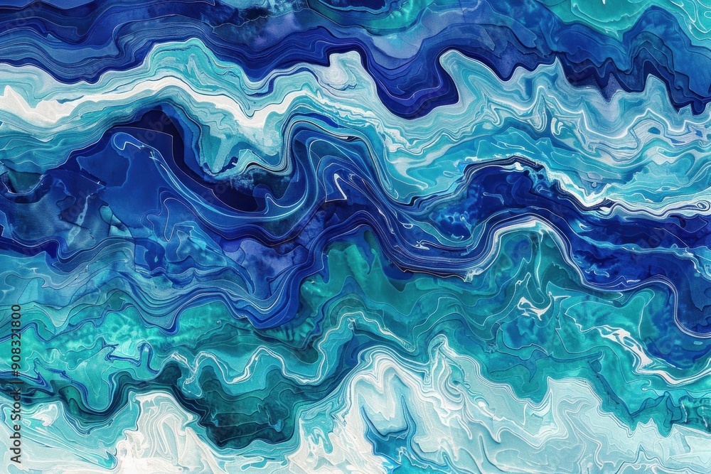 Abstract painting of blue and white waves on a white background with a blue wave in the middle Abstract painting of blue and white waves on a white background with a blue wave in the middle