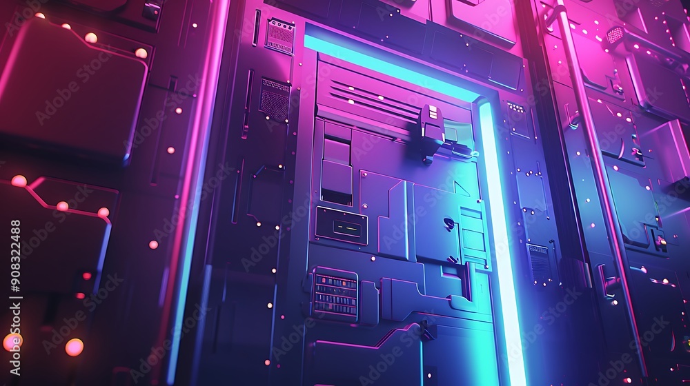 Obraz premium Futuristic Sci-Fi Doorway with Neon Lights.