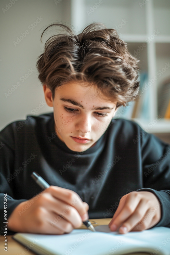 A boy is writing in a notebook A boy is writing in a notebook