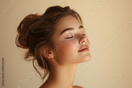 A close up of a girl's face with her eyes closed