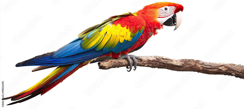 Obraz premium Bright Parrot on Tree Branch Isolated on White Background, Colorful Tropical Bird, Exotic Parrot, Vibrant Plumage, Natural Habitat, Detailed Feathers, High Resolution Image