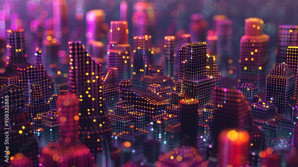Abstract Cityscape with Glowing Lights and Pixelated Buildings. Abstract Cityscape with Glowing Lights and Pixelated Buildings.