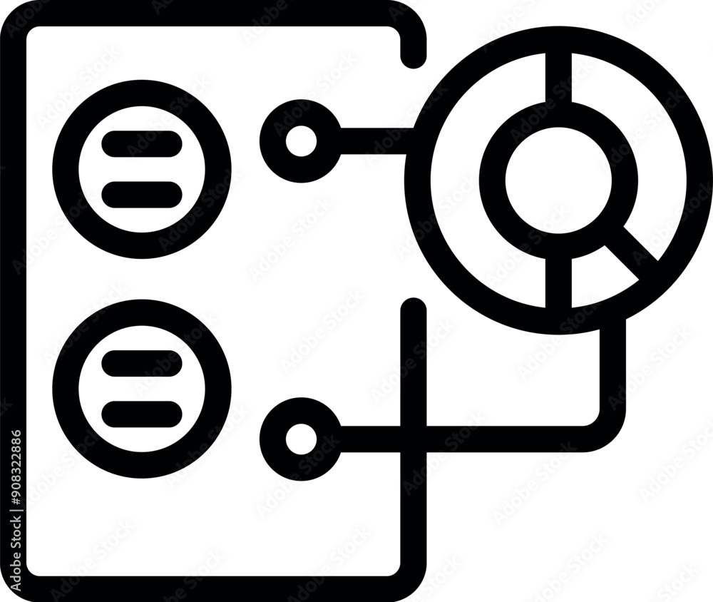 Icon depicting data center analytics with a server room and a pie chart representing data analysis Icon depicting data center analytics with a server room and a pie chart representing data analysis