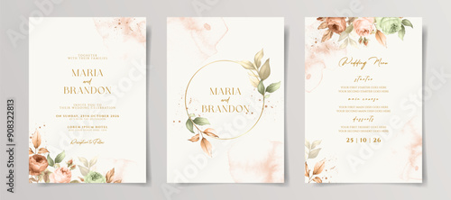 Elegant minimalist floral wedding invitation card template
