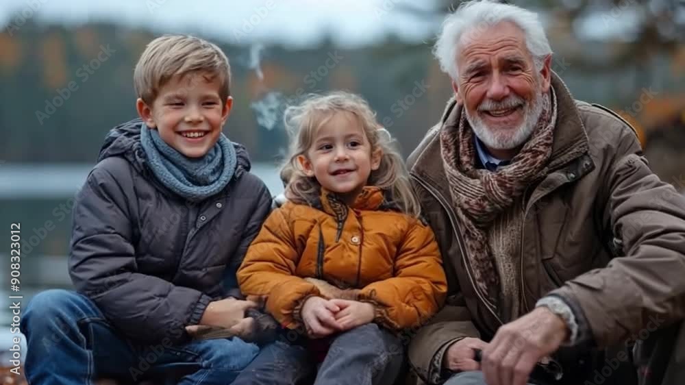 Grandparents and their grandchildren enjoying a bonfire beside a bright lake in the woods
Grandparents and their grandchildren enjoying a bonfire beside a bright lake in the woods