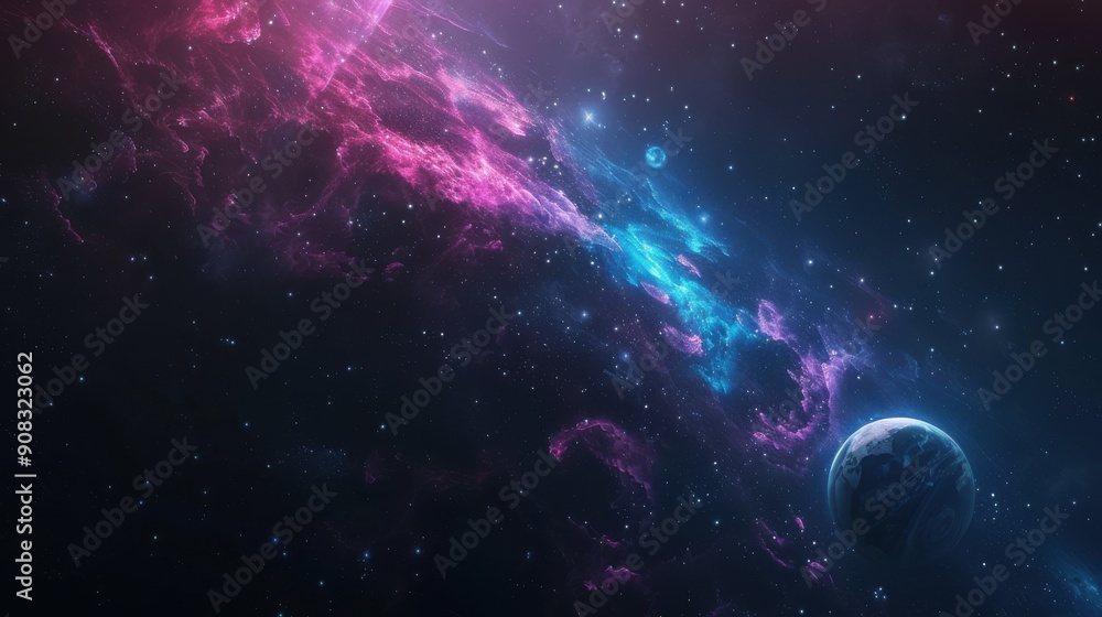 Obraz premium A captivating space background filled with vibrant nebulae in shades of blue, pink, and purple, with distant stars twinkling against the vast, dark expanse of the universe and a prominent, glowing
