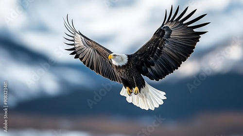 Wallpaper Mural Bald eagle in flight with snowy mountains in background
 Torontodigital.ca