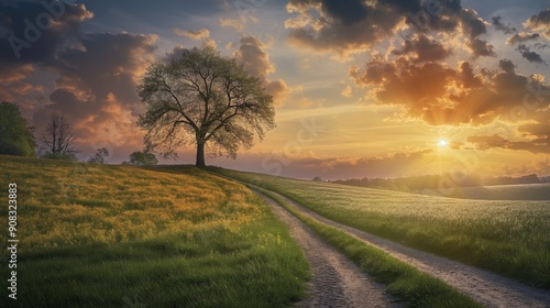 Scenic a field with trees and dirt way on sunset view