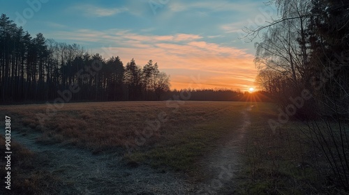 Scenic a field with trees and dirt way on sunset view