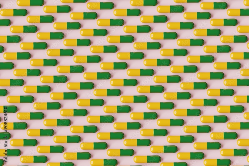 Many green and yellow pills on pink background. Top flat view, diagonal grid. 3d render, illustration Many green and yellow pills on pink background. Top flat view, diagonal grid. 3d render, illustration
