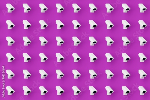 Many cctv on purple background. Top flat view, cameras looking right. 3d render, illustration photo