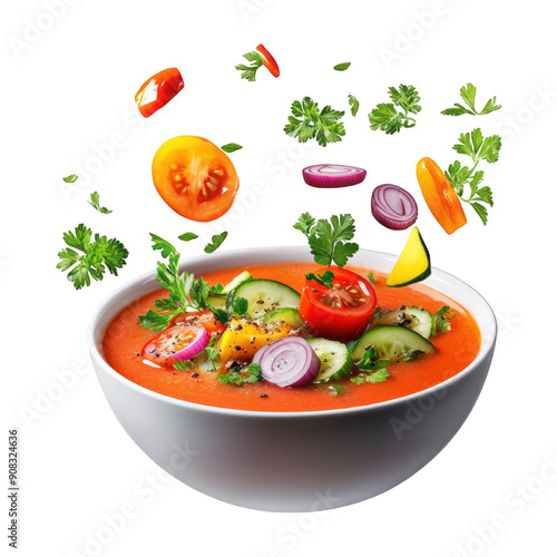 Floating Bowl Of Gazpacho With Floating Vegetables On Transparent Png Background For Spanish Cuisine Advertisements . Generative ai