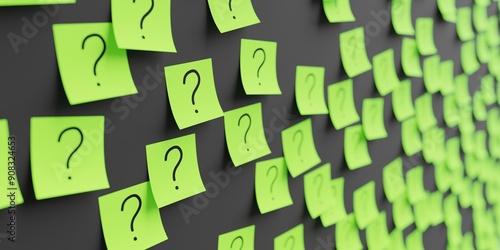 Many green stickers on black board background with question mark symbol drawn on them. Closeup view with narrow depth of field and selective focus. 3d render, Illustration