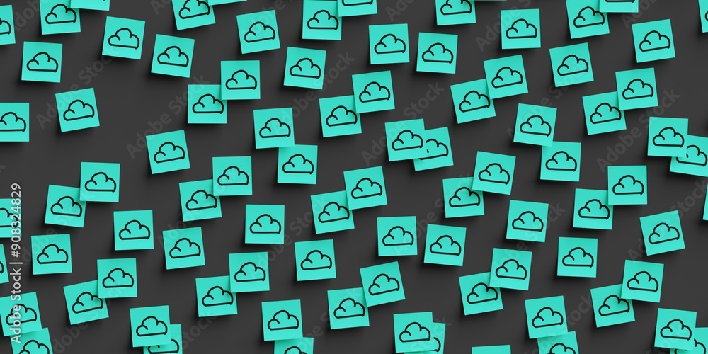 Many teal stickers on black board background with cloud symbol drawn on them. Flat layout. 3d render, Illustration Many teal stickers on black board background with cloud symbol drawn on them. Flat layout. 3d render, Illustration