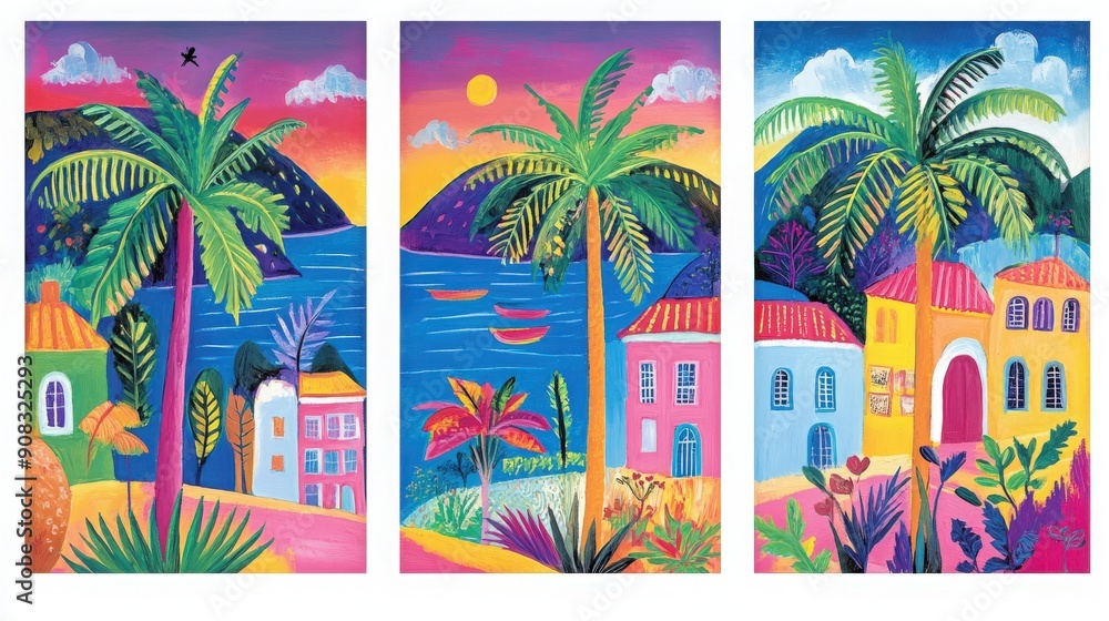 Naklejka premium Vibrant tropical landscape with palm trees, colorful houses, and a serene ocean sunset. Perfect for a cheerful decor.