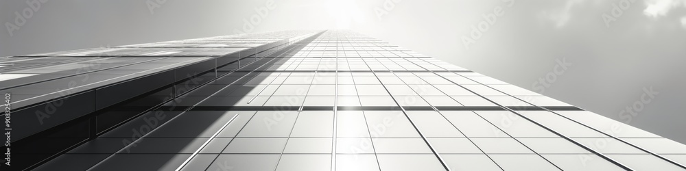 Upward view of a sleek, modern skyscraper in monochrome tones, emphasizing its reflective surfaces and minimalist design. Upward view of a sleek, modern skyscraper in monochrome tones, emphasizing its reflective surfaces and minimalist design.