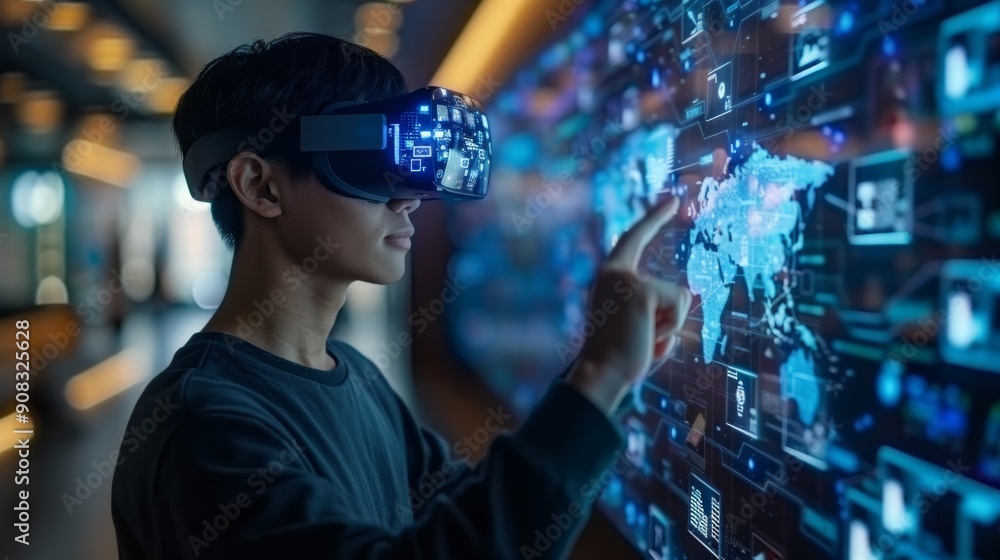 Exploring the Digital Frontier: VR Headset User Interacting with a Futuristic Display Exploring the Digital Frontier: VR Headset User Interacting with a Futuristic Display