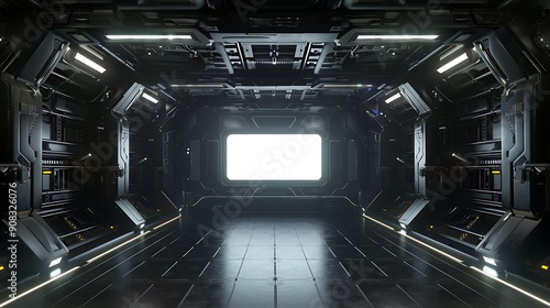 Fototapeta Naklejka Na Ścianę i Meble -  Futuristic Spaceship Corridor with Bright White Light at the End.