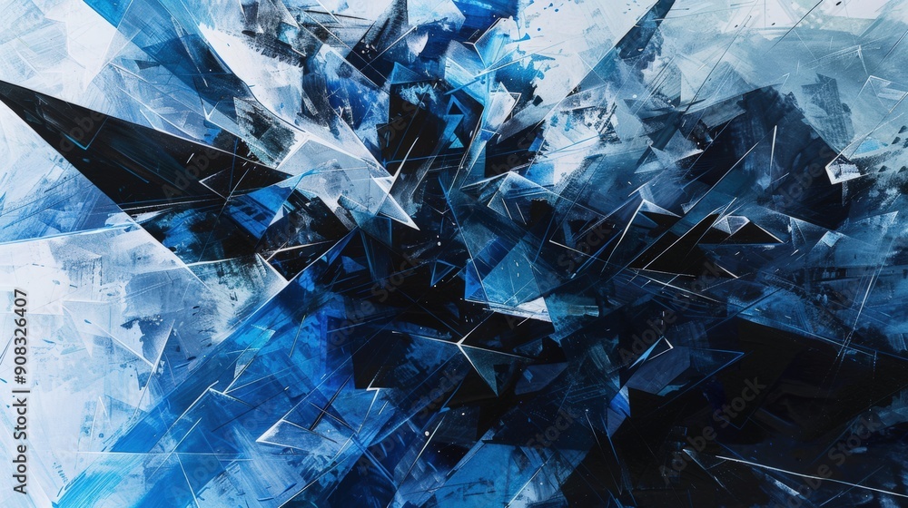 Dynamic abstract composition with sharp geometric shapes in shades of black and blue. Black and blue abstract colors. Broken glass. Dynamic abstract composition with sharp geometric shapes in shades of black and blue. Black and blue abstract colors. Broken glass.