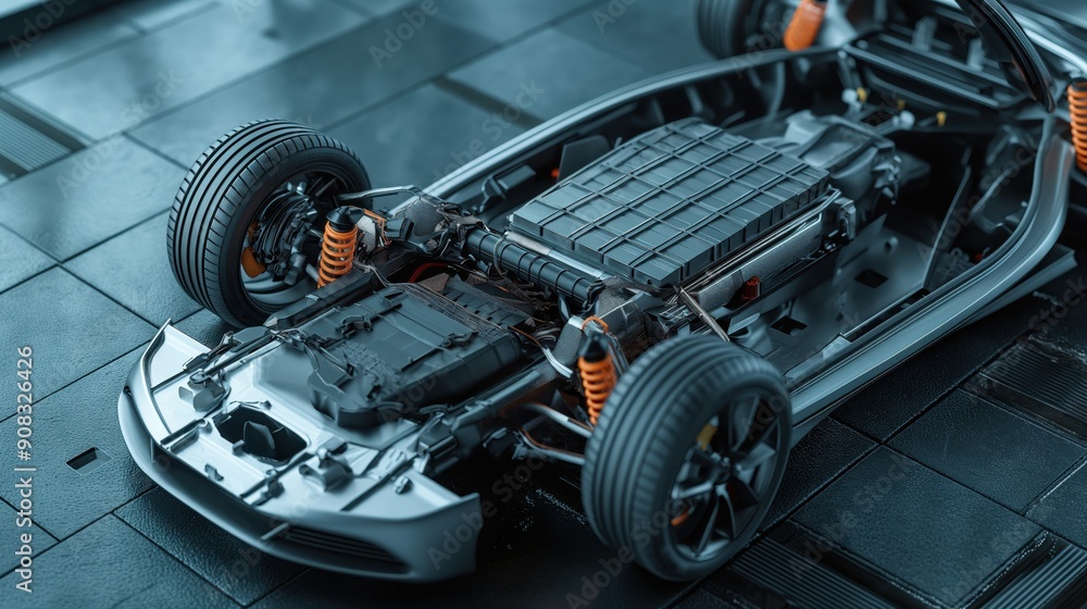 Close-up view of an electric car showcasing the battery EV, and motor components, highlighting advanced automotive engineering. Close-up view of an electric car showcasing the battery EV, and motor components, highlighting advanced automotive engineering.