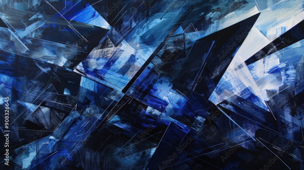 Dynamic abstract composition with sharp geometric shapes in shades of black and blue. Black and blue abstract colors. Broken glass. Dynamic abstract composition with sharp geometric shapes in shades of black and blue. Black and blue abstract colors. Broken glass.