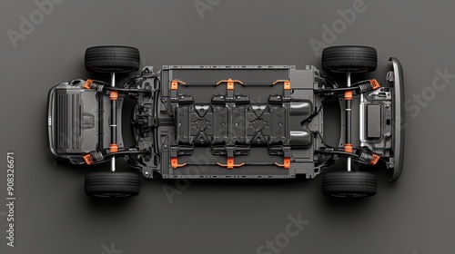 Overhead perspective of an electric vehicle's undercarriage showing battery packs, suspension, and drivetrain components.