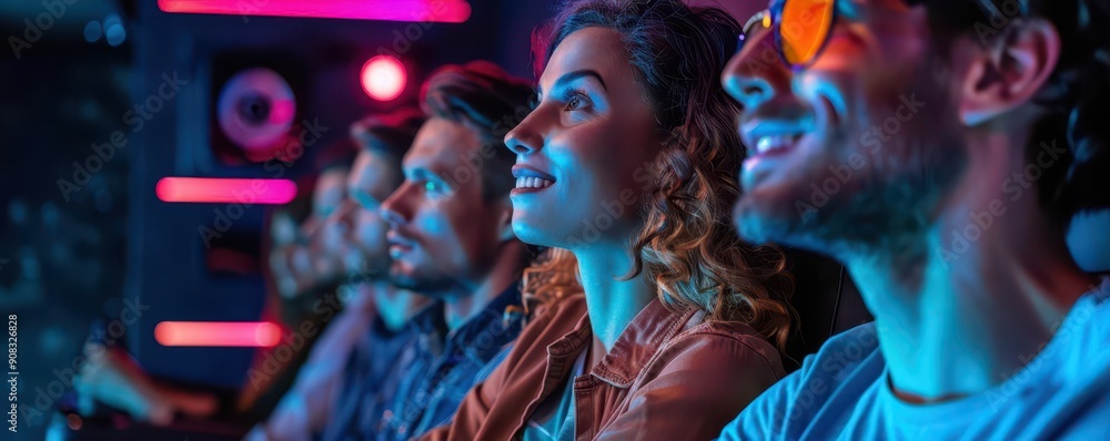 A group of friends eagerly watching an original series premiere in a home theater, side view, showing enthusiasm and exclusivity, robotic tone, Colored Pastel A group of friends eagerly watching an original series premiere in a home theater, side view, showing enthusiasm and exclusivity, robotic tone, Colored Pastel