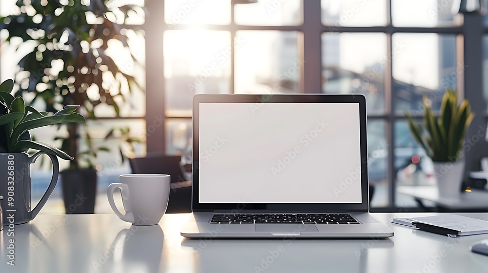 Laptop, Coffee Cup and Notebook on a White Desk Laptop, Coffee Cup and Notebook on a White Desk