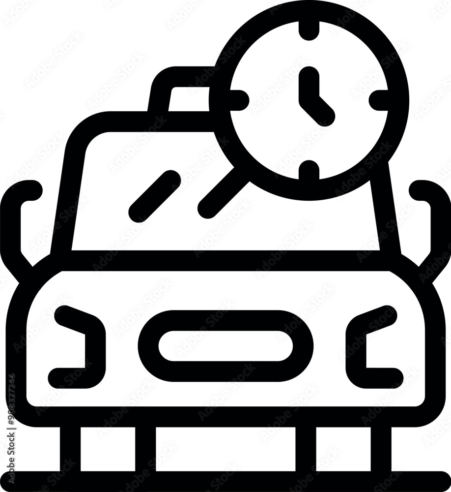Simple line icon of a car with a clock above it, representing waiting time for parking Simple line icon of a car with a clock above it, representing waiting time for parking