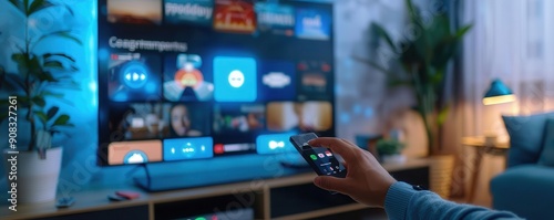 Obraz na płótnie A person selecting a streaming app on a smart TV w salonie