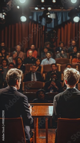 Political debate stage two candidates intense discussion audience watching bright lighting