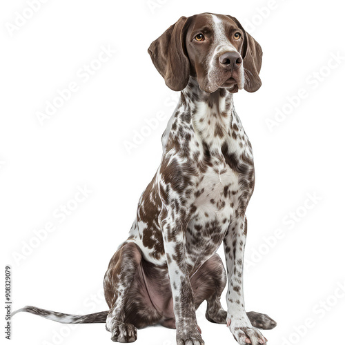 A brown and white dog with black spots sits on a white background