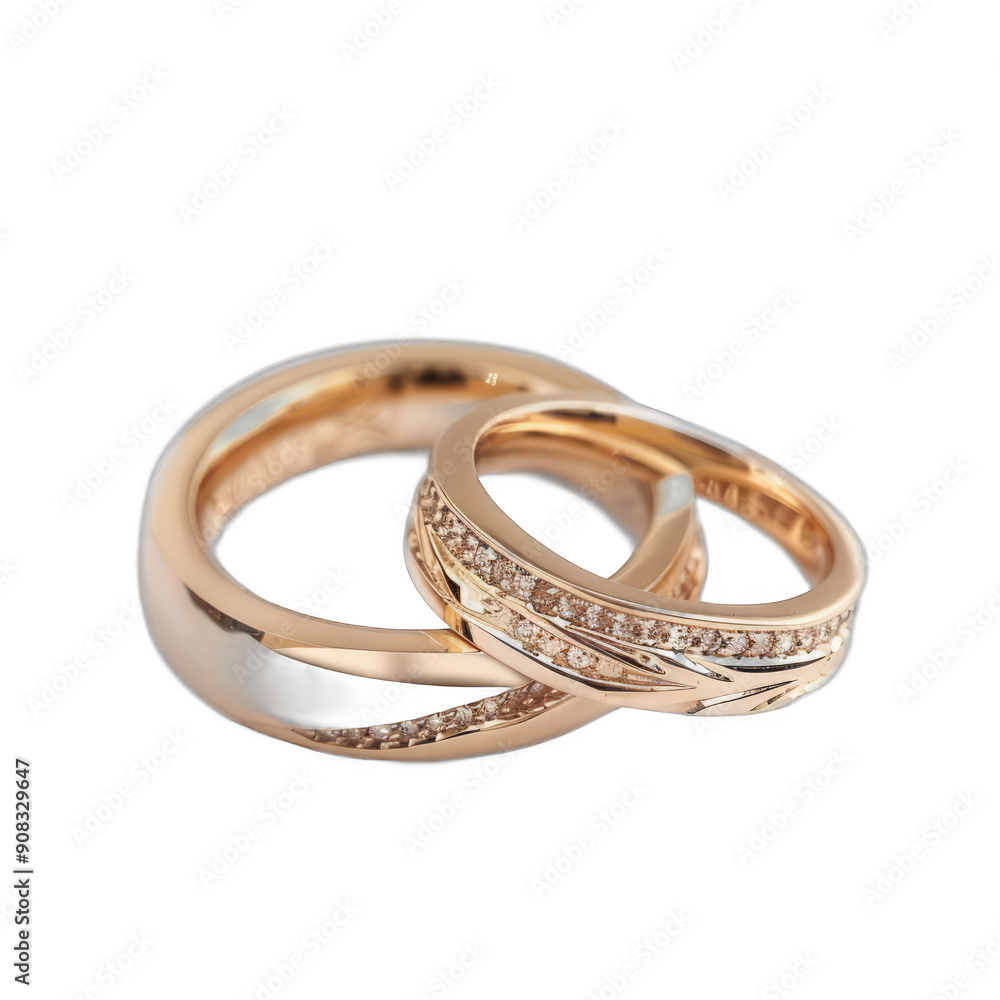 Two gold wedding rings with diamonds and a white band Two gold wedding rings with diamonds and a white band