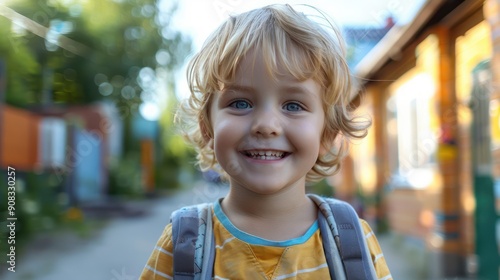 Happy and Eager Child with Backpack Ready for First Day of School, Back to School Concept, Child Excited for Education and Learning