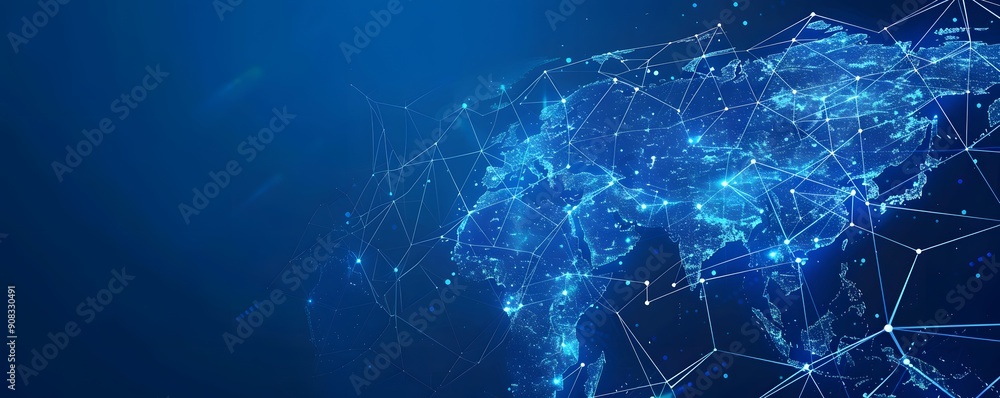 Low polygon Globe Map with social icons wireframe mesh on blue background Low polygon Globe Map with social icons wireframe mesh on blue background