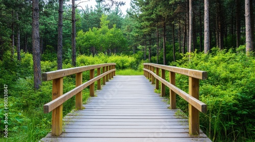 Path in a pine forest leading to a wooden bridge, enchanting and serene