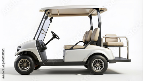 Isolated golf cart with pristine wheels and sleek design parked on a clean white background, evoking feelings of serenity and outdoor recreation. © Adisorn