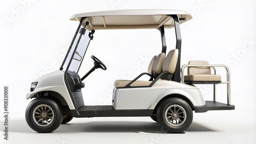 Isolated golf cart with pristine wheels and sleek design parked on a clean white background, evoking feelings of serenity and outdoor recreation. photo