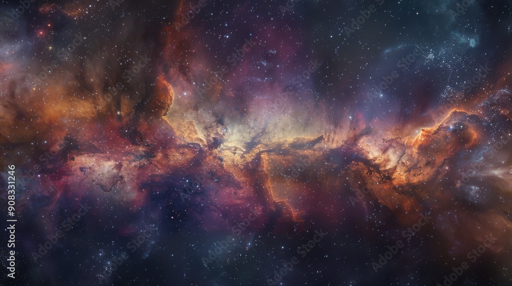 Naklejka premium A detailed image of a nebula and galaxy, showcasing the vibrant colors and intricate structures of interstellar clouds, stars, and cosmic dust in a vast expanse of space