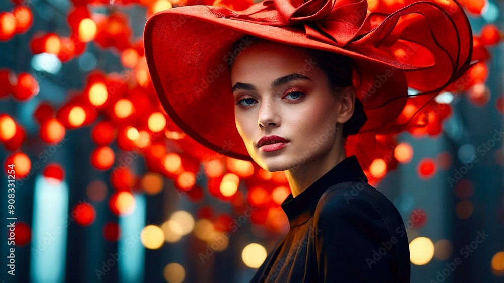 Fototapeta premium Stunning Model Wearing Colorful Floral Hat Against Vibrant Abstract Background During Fashion Event