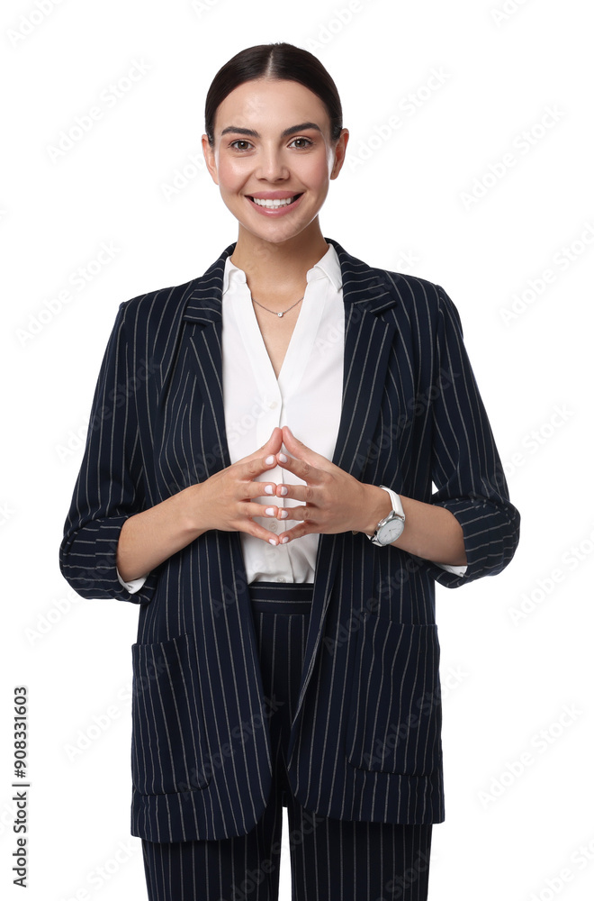 Beautiful woman in black striped suit on white background Beautiful woman in black striped suit on white background