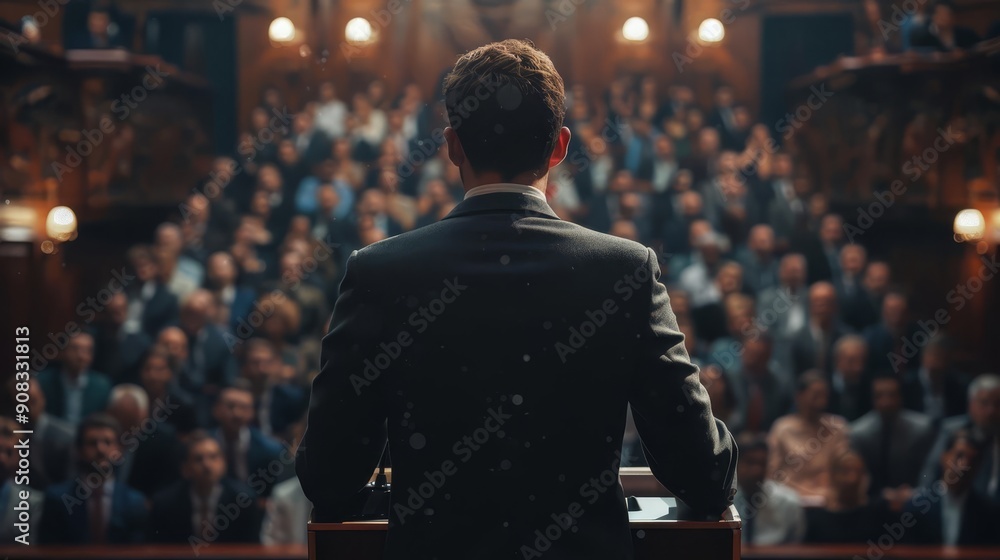 Speaker at podium addressing large crowd professional setting confident stance Speaker at podium addressing large crowd professional setting confident stance