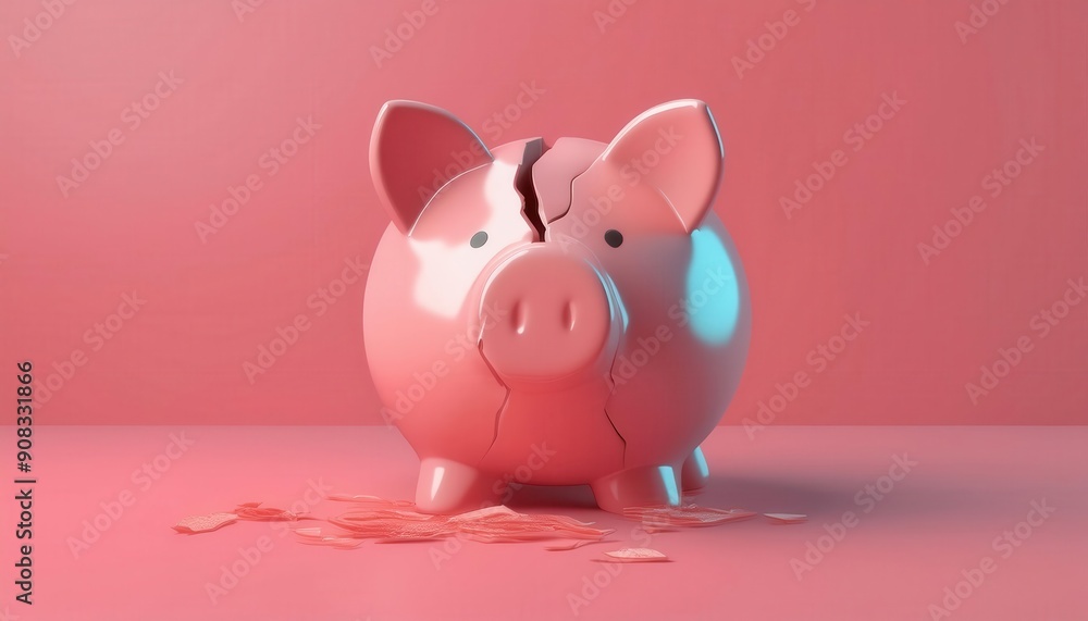 A cracked pink piggy bank on a pink background, symbolizing financial struggle and saving challenges. A cracked pink piggy bank on a pink background, symbolizing financial struggle and saving challenges.