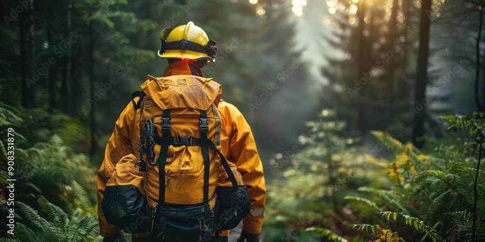 A firefighter walks through a forest. AI. A firefighter walks through a forest. AI.