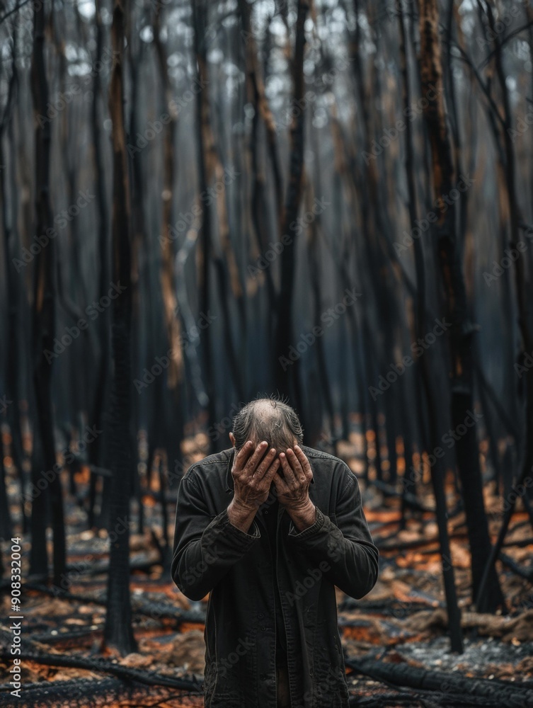 A man stands in a forest devastated by fire, his hands covering his face. AI. A man stands in a forest devastated by fire, his hands covering his face. AI.